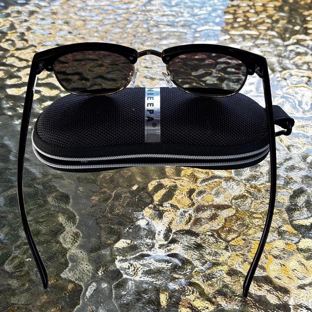 NIEEPA Clubmaster Style Reflective Sunglasses Black Gold Lenses Vintage Inspired